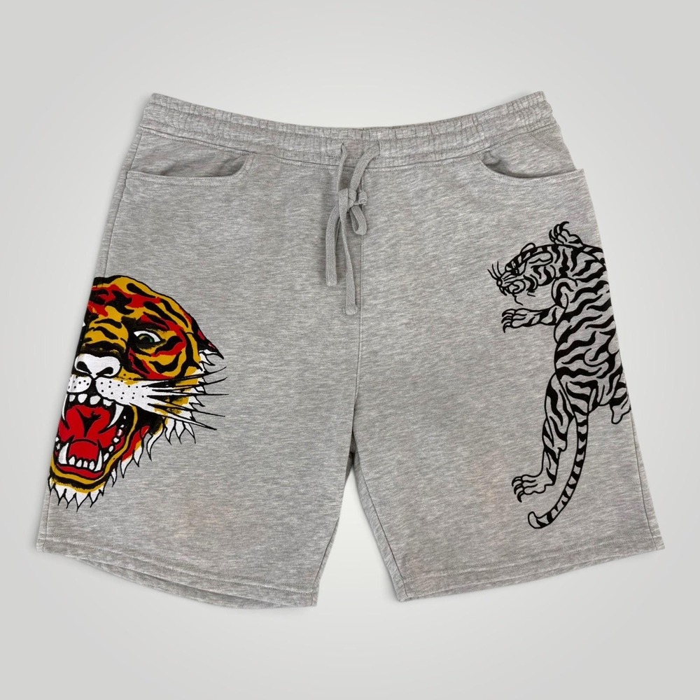 Ed Hardy Shorts Mens XL Gray Tiger Graphic Fleece Sweat Y2K Tattoo